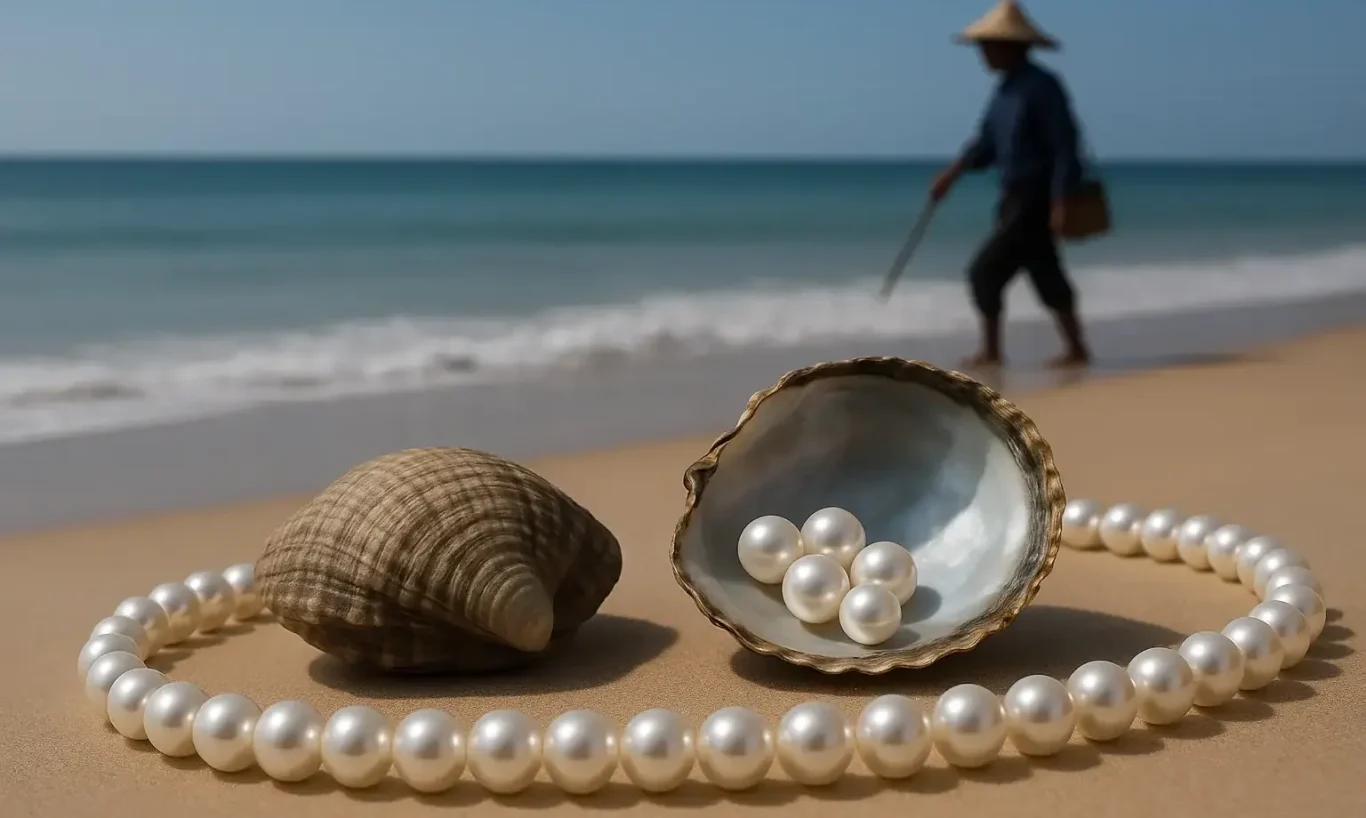 Akoyaperlen und Kette am Strand im Hintergrund das Meer und ein Perlenfischer