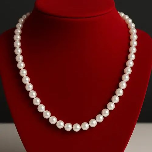 Akoyaperlenkette auf einer roten Schmuck Büste