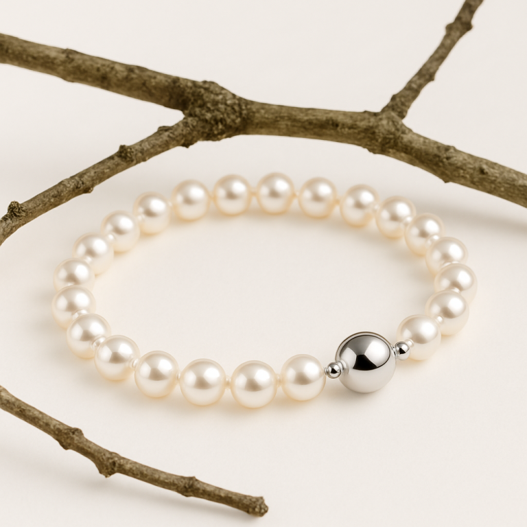 Akoyaperlenarmband weiß auf einer hellen Unterlage neben einen Holzzweig